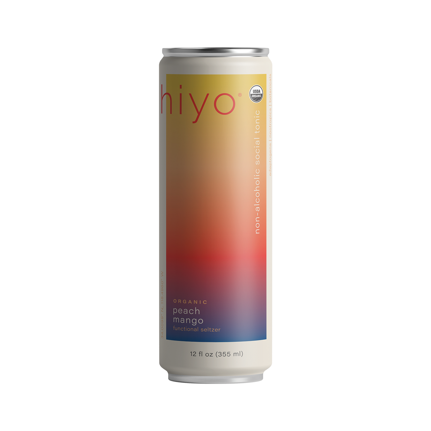 a can of hiyo's organic peach mango functional seltzer