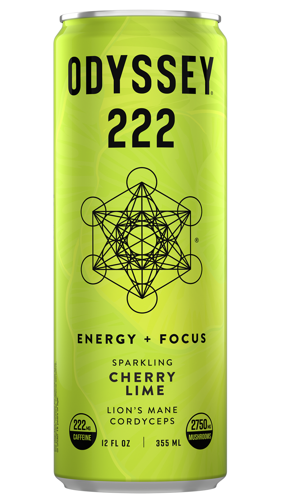 A display of a single can of Odyssey 222, cherry lime flavor. The can also reads "Energy + Focus" and "Lion's Mane, Cordyceps" The can itself is tall and bright green with a shelf mushroom design. front and center is the Odyssey logo