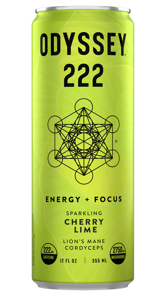 A display of a single can of Odyssey 222, cherry lime flavor. The can also reads "Energy + Focus" and "Lion's Mane, Cordyceps" The can itself is tall and bright green with a shelf mushroom design. front and center is the Odyssey logo