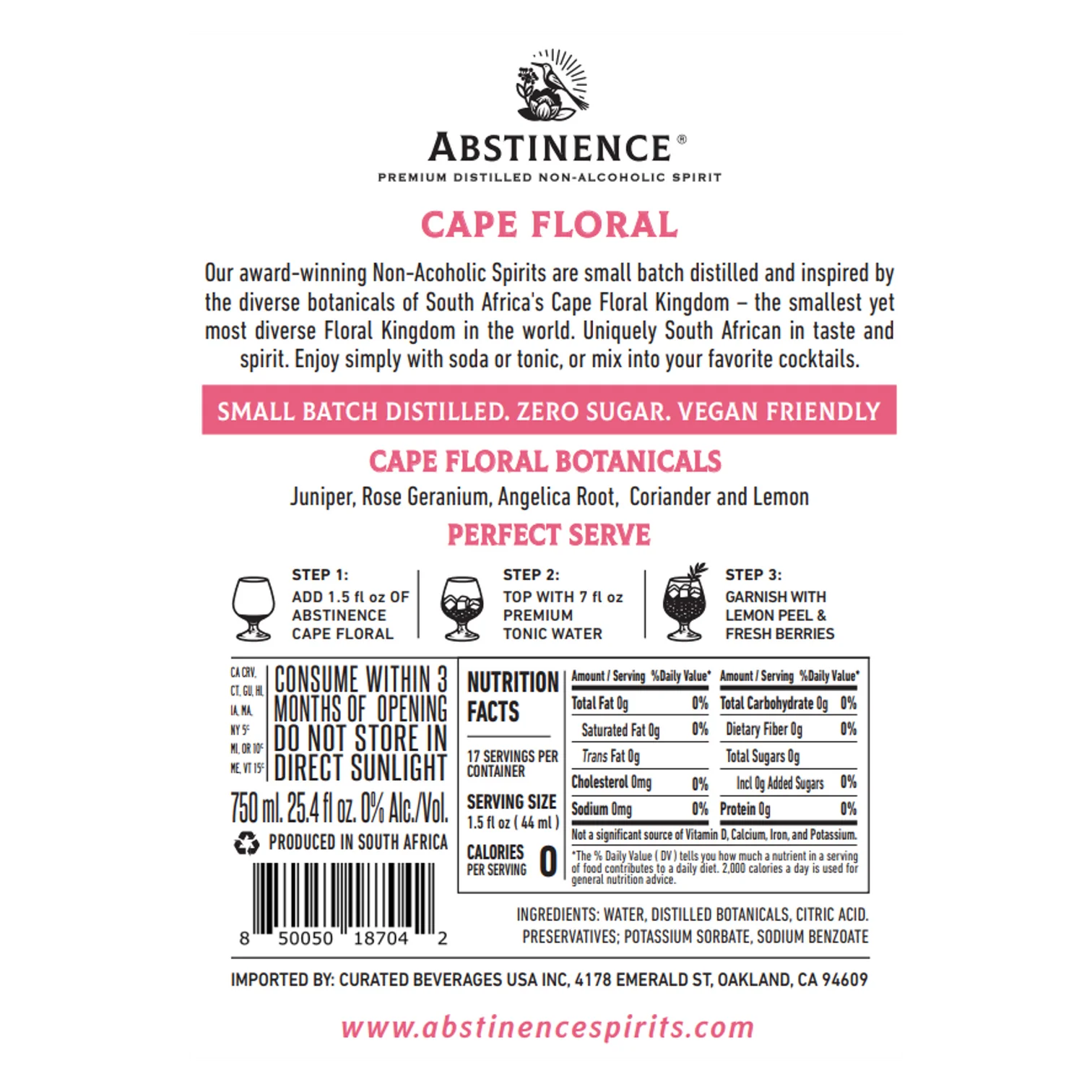 nutrition facts from a bottle of cape floral