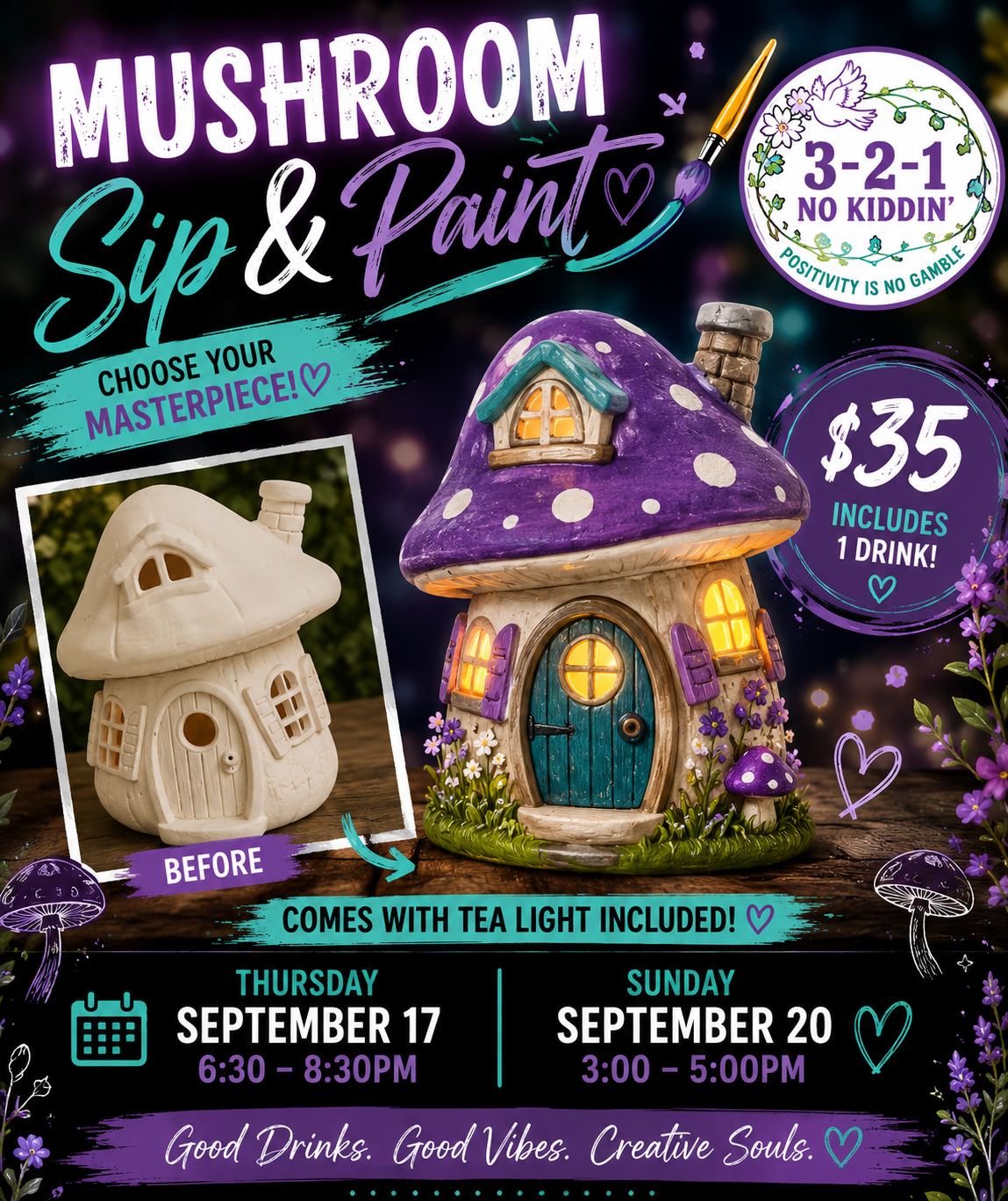 🍄 Mushroom Sip & Paint- 2 Dates- 3 Options!