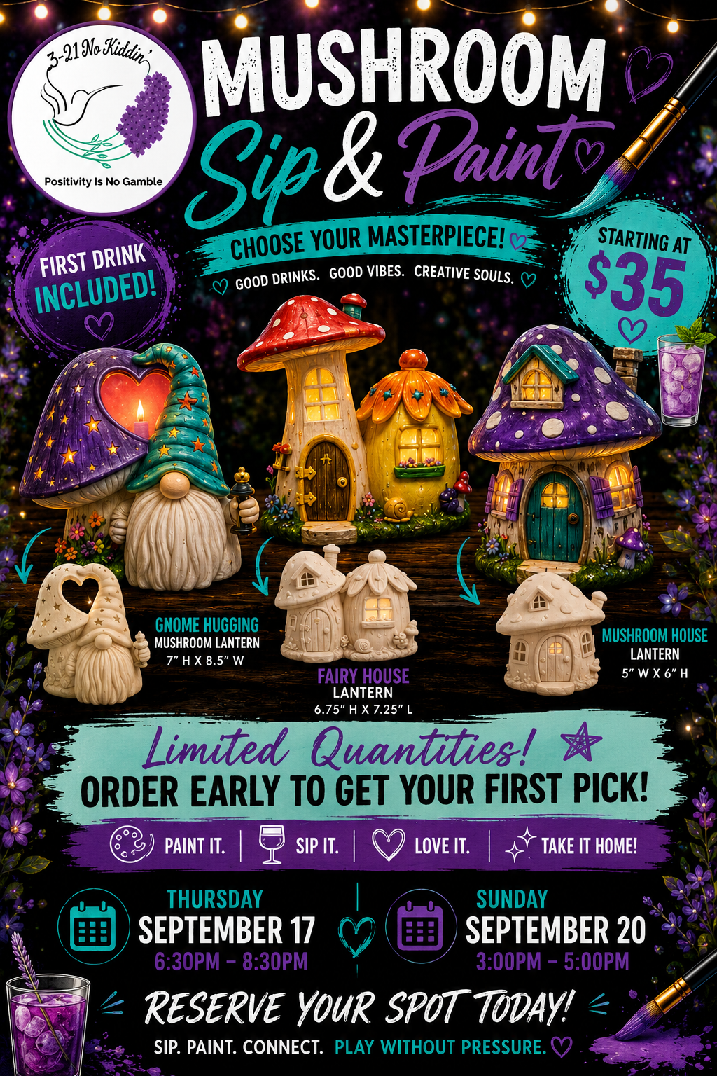 🍄 Mushroom Sip & Paint- 2 Dates- 3 Options!