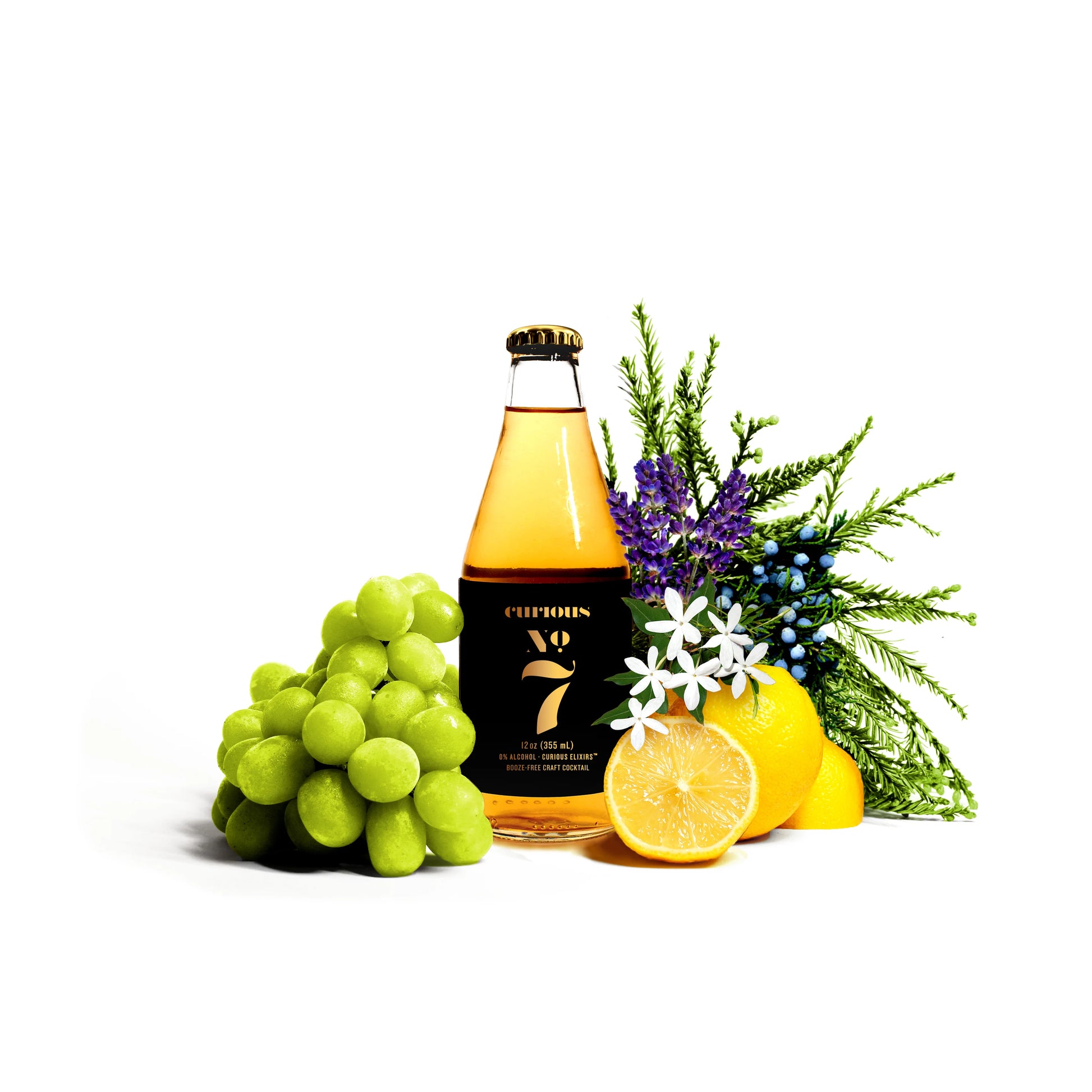 a bottle of curious no 7 surrounded by fruits and herbs
