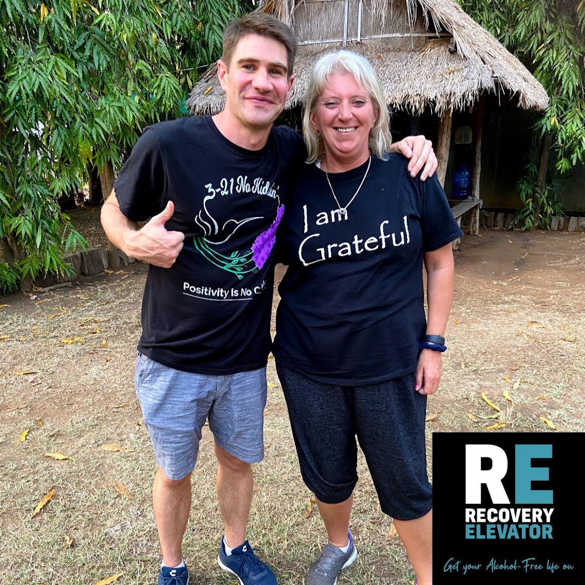 bobbie and paul churchill posing for a picture together. In the lower right is the cover of paul's podcast "recovery elevator"