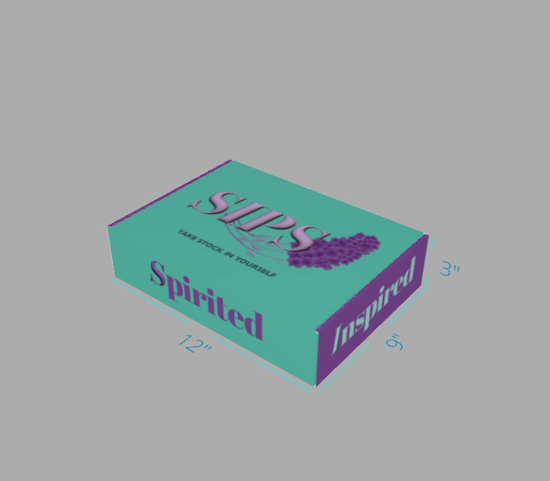 a digital render of what the sips box will look like. It has the SIPS logo on the top with purple accents on the sides. The box is 12 x 9 x 3 inches.