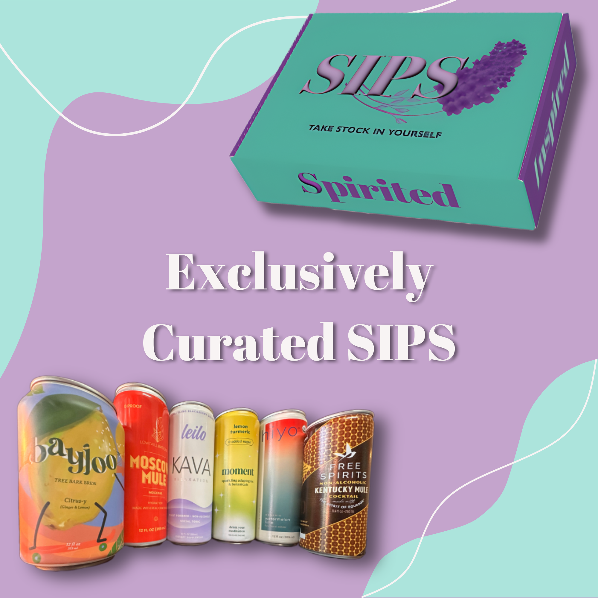 a picture of the sips packaging and a variety of drinks on a light purple and mint green background with the words "exclusively curated SIPS" in the center