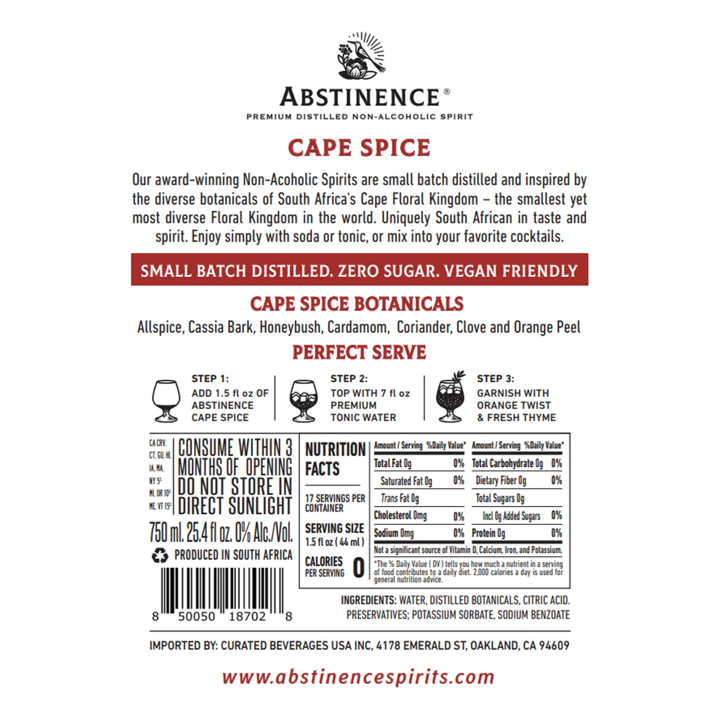 nutrition facts from a bottle of cape spice