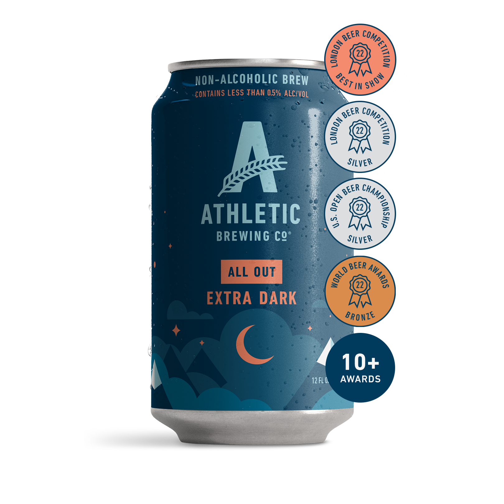 athletic brewing co's all out, extra dark. the can has a simplistic illustration of mountain peaks surrounded by a slightly cloudy night sky