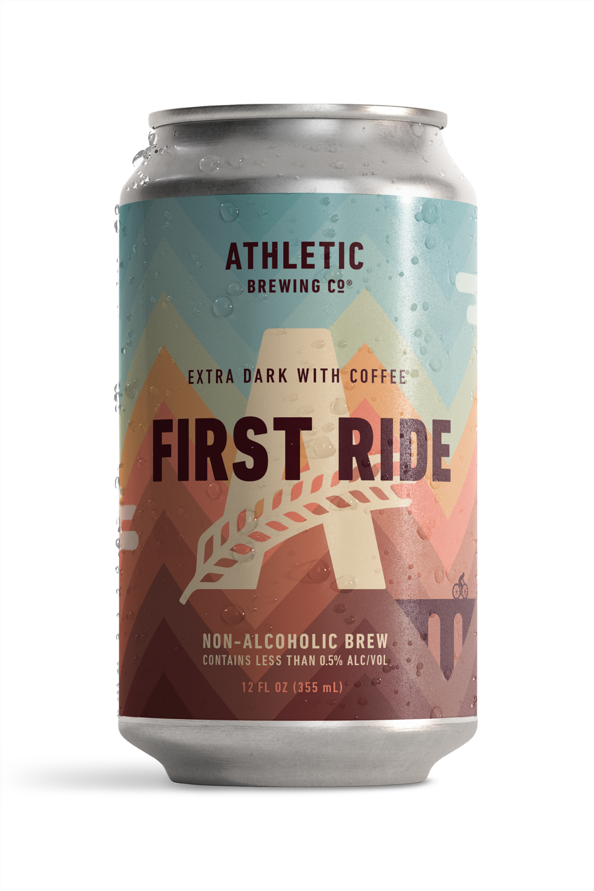 athletic brewing co's first ride, extra dark with coffee. On the can is a simplistic illustration of a figure biking across a bridge surrounded by mountains