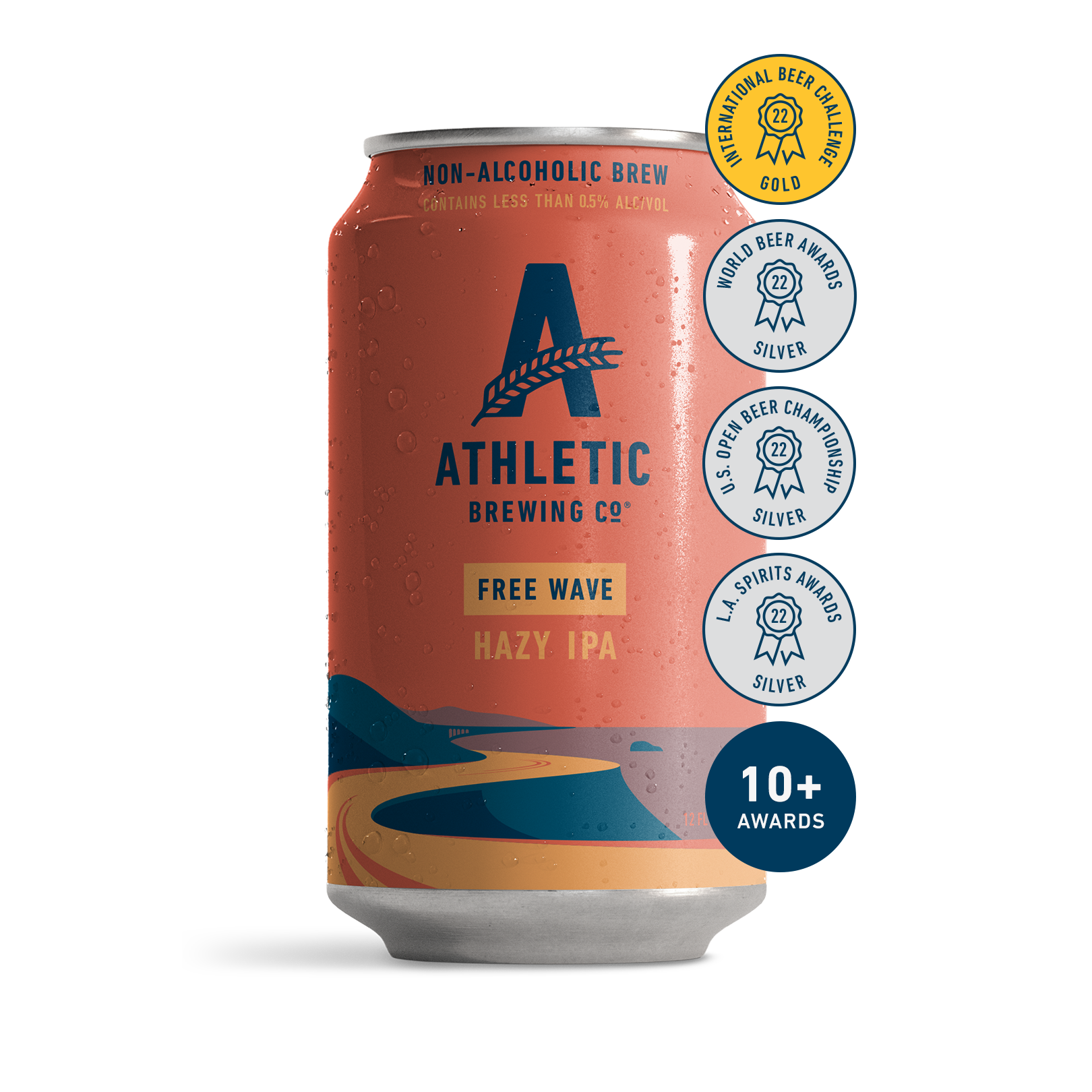 athletic brewing co's free wave, hazy IPA. The can has a simplistic illustration of a seaside road heacing towards the horizon drawin in reds and blues