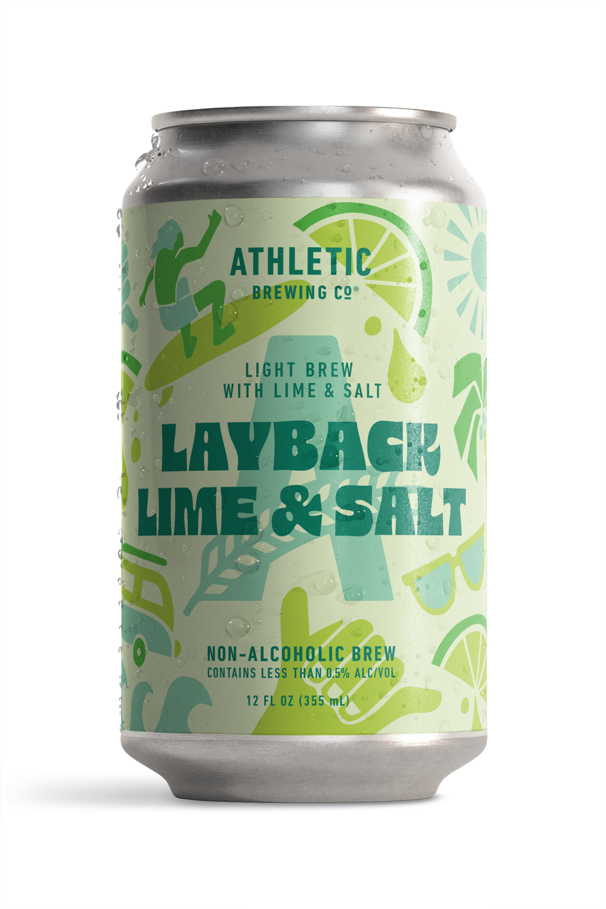 athletic brewing co's layback lime & salt, the can has a simplistic illustration of limes, suns camper vans, a surfer and a variety of other summer icons all in various shades of green