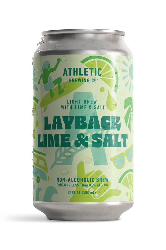 athletic brewing co's layback lime & salt, the can has a simplistic illustration of limes, suns camper vans, a surfer and a variety of other summer icons all in various shades of green