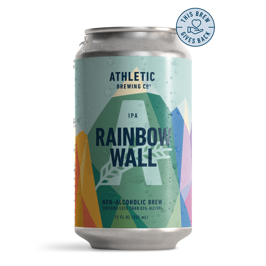 athletic brewing co's rainbow wall, on the can is a simplistic illustration of a mountain range made up of all of the colors of the rainbow