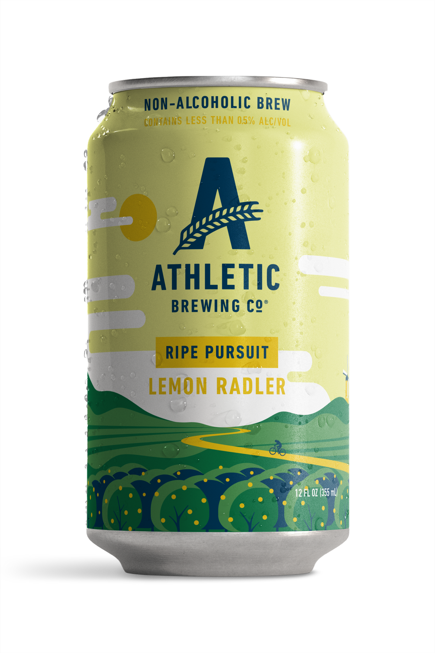 athletic brewing co's ripe pursuit, lemon radler flavor. on the can is a simplistic illustration of a feild of lemon trees with a light yellow sky and clouds