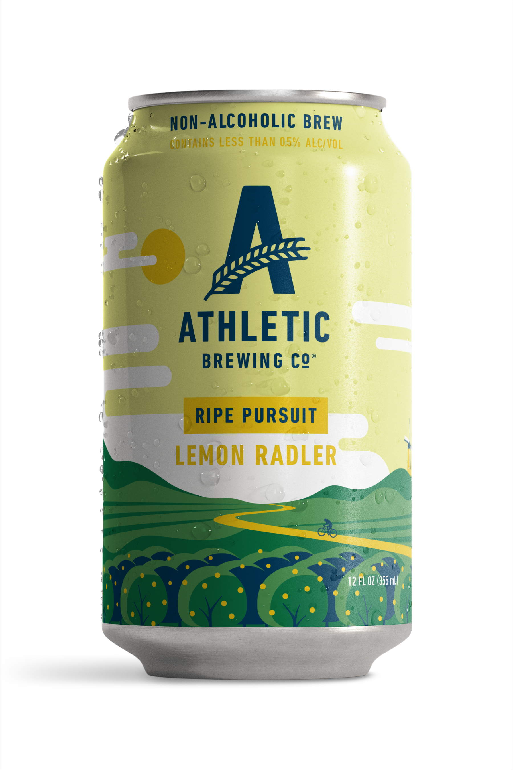 athletic brewing co's ripe pursuit, lemon radler flavor. on the can is a simplistic illustration of a feild of lemon trees with a light yellow sky and clouds