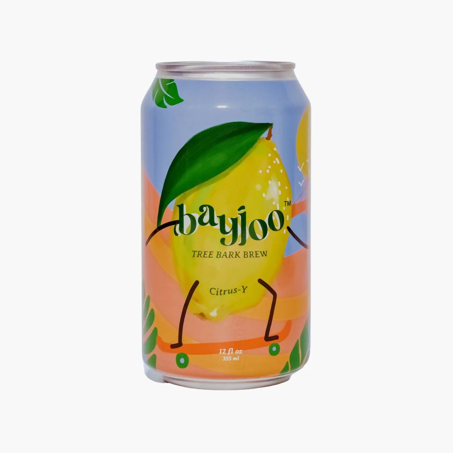 a can of bayjoo tree bark brew citrus y. the illustration is of a lemon riding a skateboard