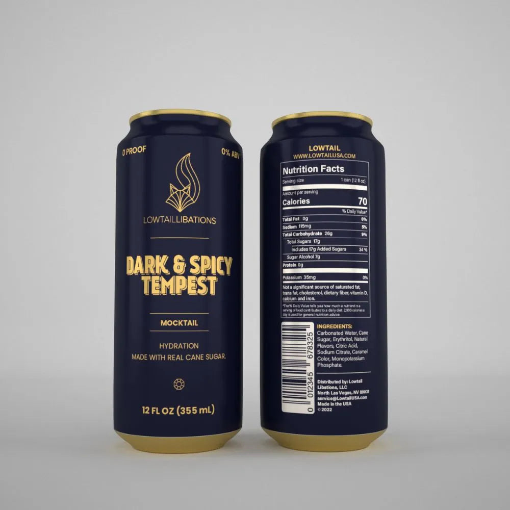 a can of lowtail libations' dark & spicy tempest mocktail