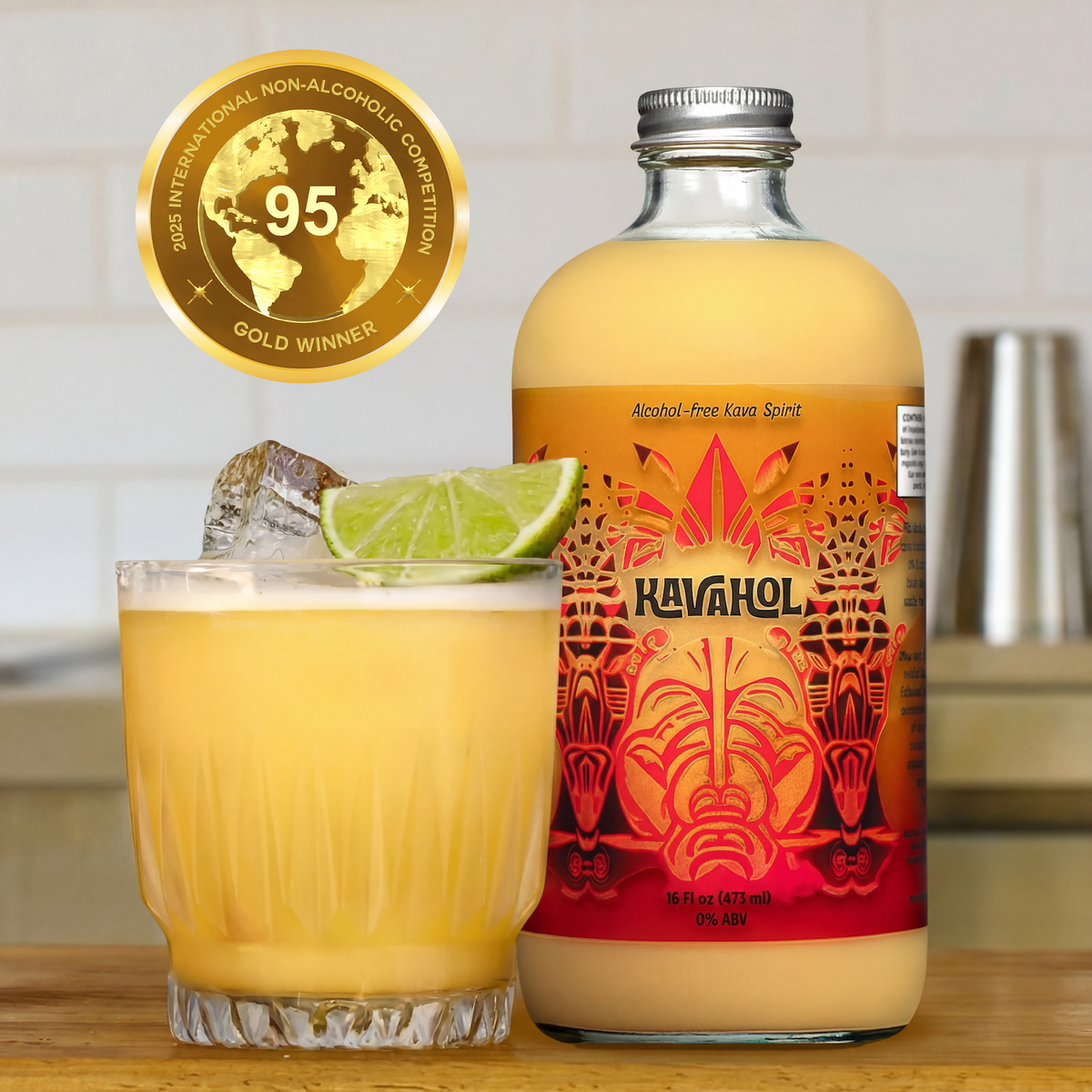 Kavahol alcohol-free fiery ginger kava spirit bottle