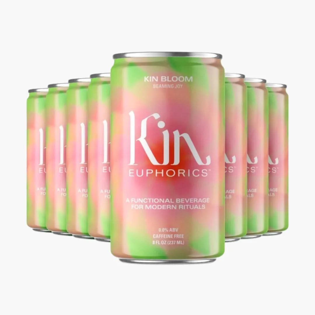 cans of kin euphorics, kin bloom, beaming joy. a functional beverage for modern rituals