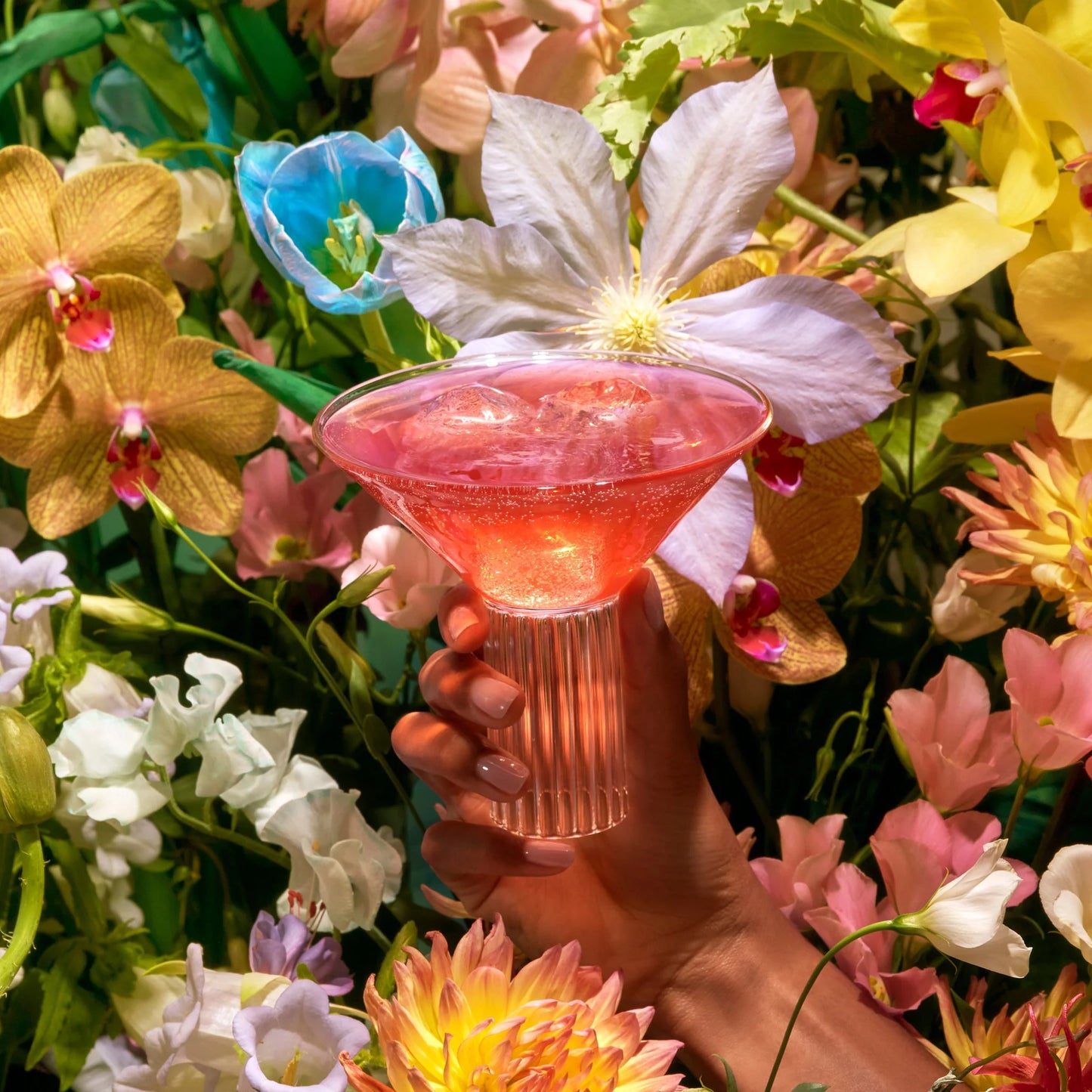 a glass of kin bloom surrounded by vibrant flowers