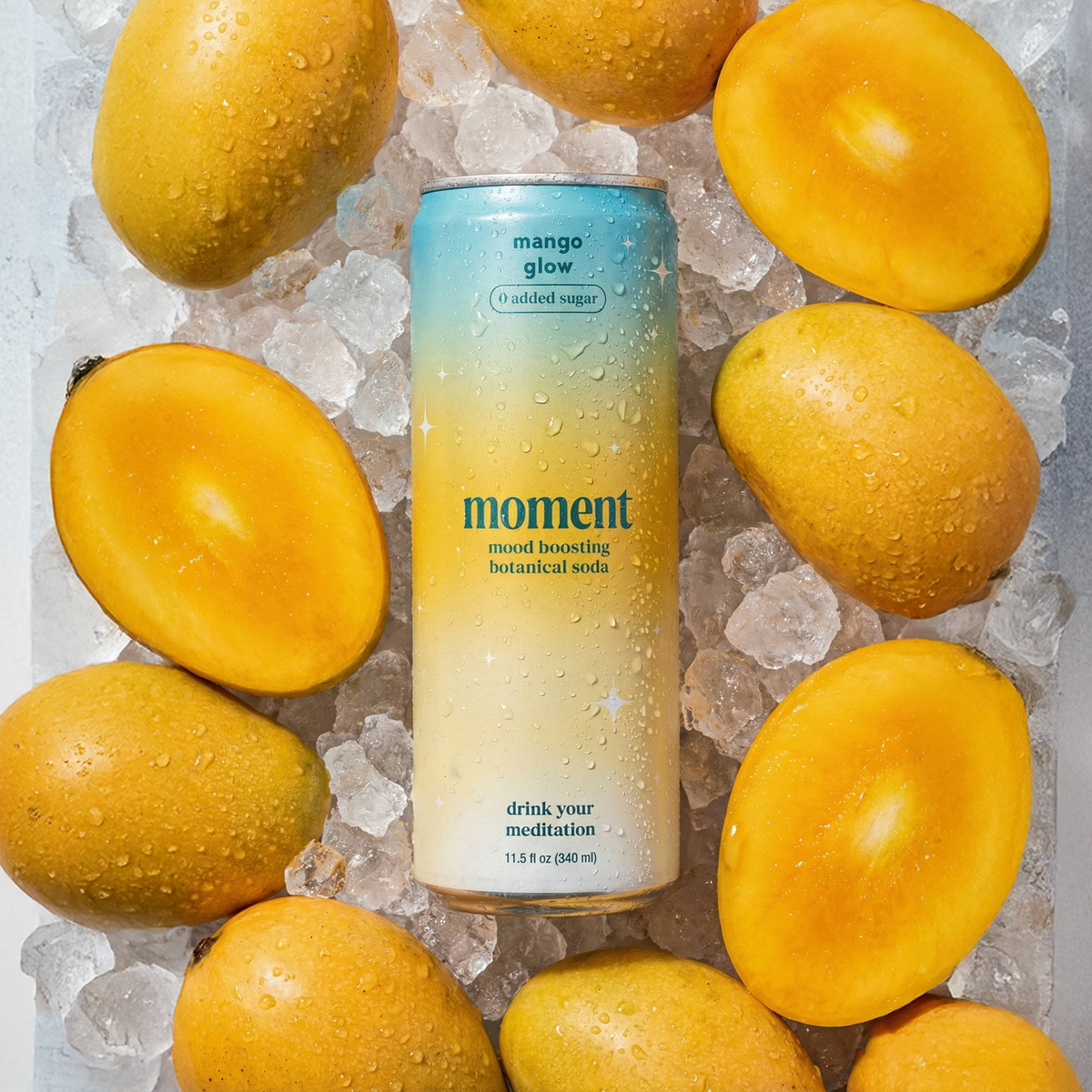 Moment Mango Glow botanical soda can and 12-pack, manufacturer product image