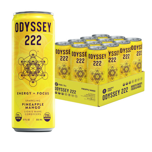 A display of the Odyssey 222, pineapple mango flavor. The can also reads "Energy + Focus" and "Lion's Mane, Cordyceps" The can itself is tall and bright yellow with a shelf mushroom design. front and center is the Odyssey logo