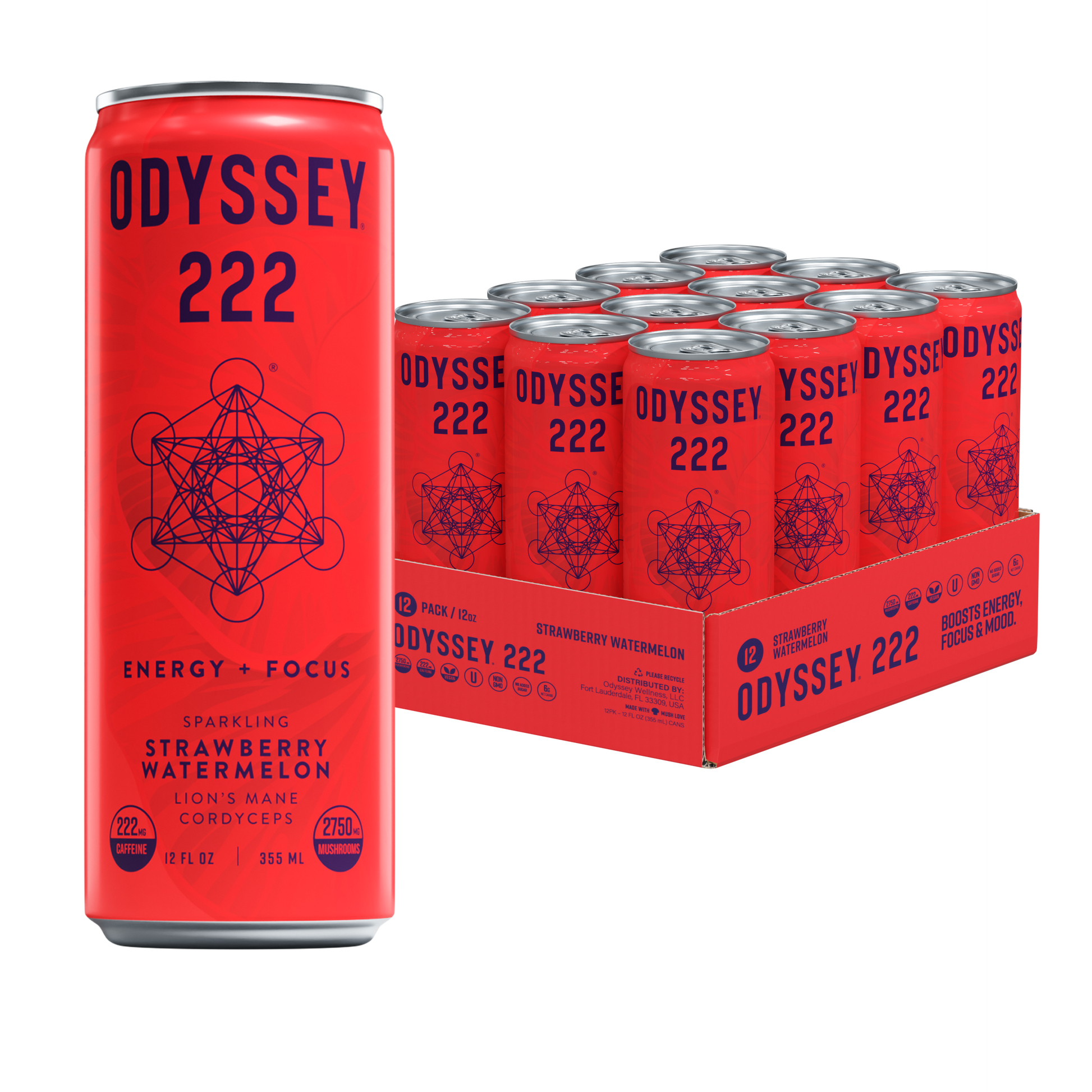 A display of the Odyssey 222, strawberry watermelon flavor. The can also reads "Energy + Focus" and "Lion's Mane, Cordyceps" The can itself is tall and bright red with a shelf mushroom design. front and center is the Odyssey logo