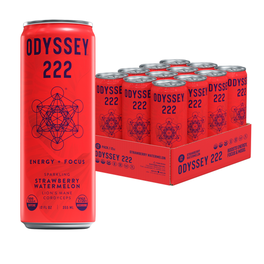 A display of the Odyssey 222, strawberry watermelon flavor. The can also reads "Energy + Focus" and "Lion's Mane, Cordyceps" The can itself is tall and bright red with a shelf mushroom design. front and center is the Odyssey logo