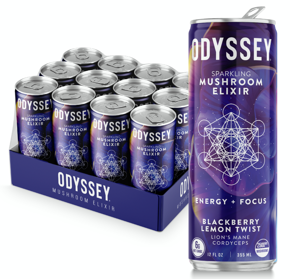 A display of the Odyssey brand sparkling mushroom elixir, blackberry lemon twist flavor. The can also reads "Energy + Focus" and "Lion's Mane, Cordyceps" The can itself is tall and dark purple with a shelf mushroom design. front and center is the Odyssey logo
