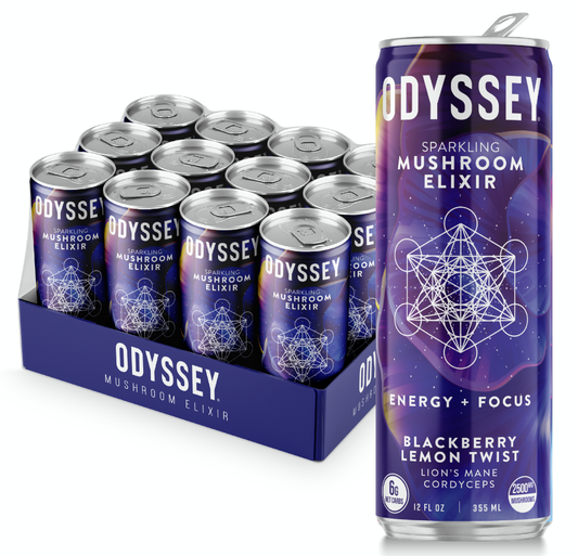 A display of the Odyssey brand sparkling mushroom elixir, blackberry lemon twist flavor. The can also reads "Energy + Focus" and "Lion's Mane, Cordyceps" The can itself is tall and dark purple with a shelf mushroom design. front and center is the Odyssey logo